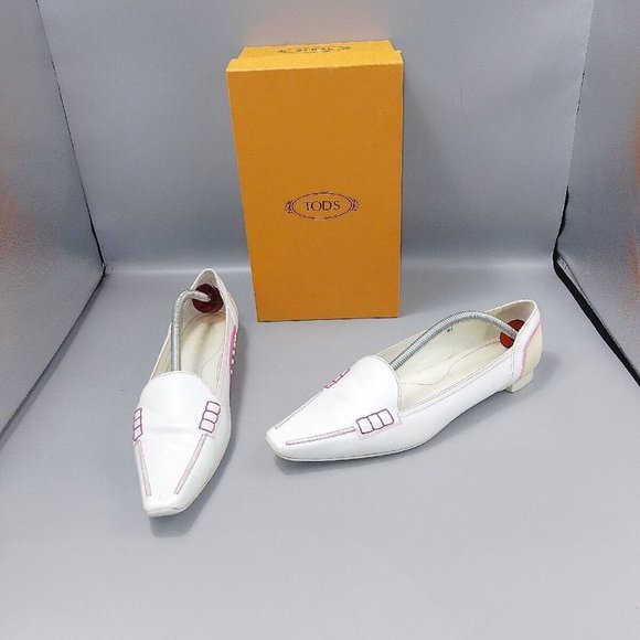 Tod's Shoes - TOD'S White Leather Flat Shoes Size UK 8 EU 41 Eve Sport Pointed Toe Pink-Stitch